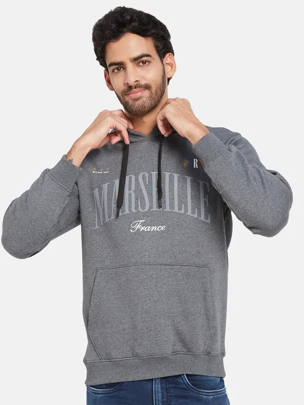 Octave Men Grey Printed Hooded Sweatshirt