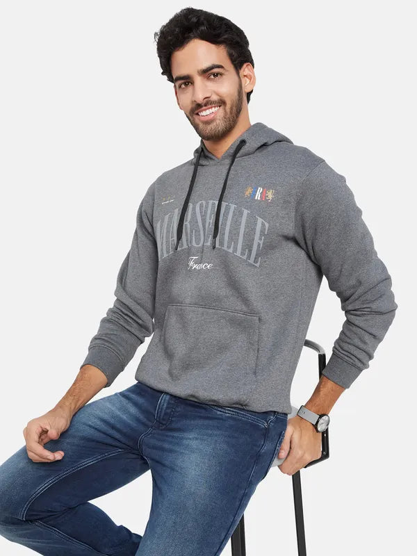 Octave Men Grey Printed Hooded Sweatshirt