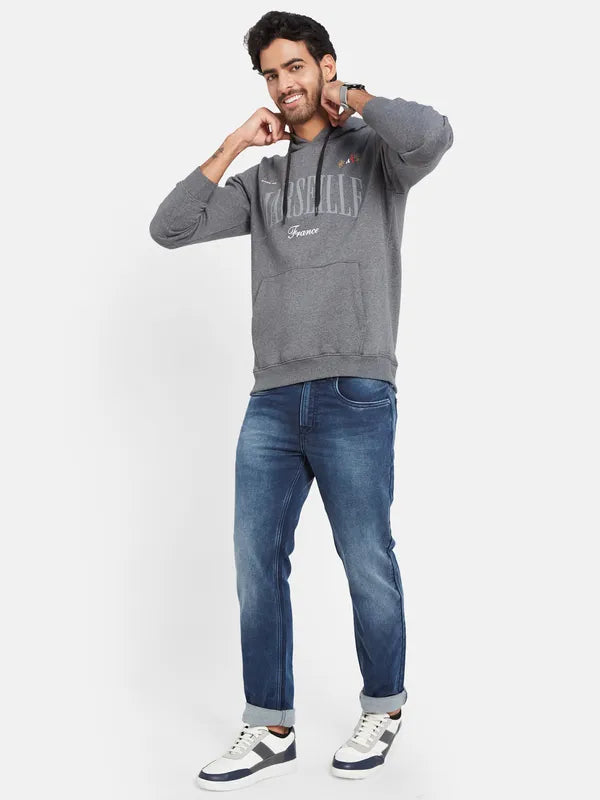 Octave Men Grey Printed Hooded Sweatshirt