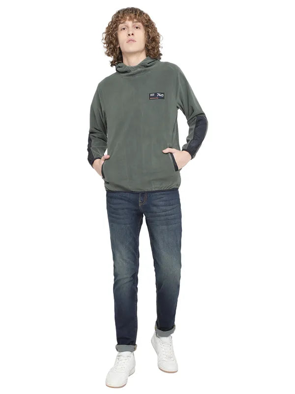 Octave Men Olive Green Hooded Fleece Sweatshirt