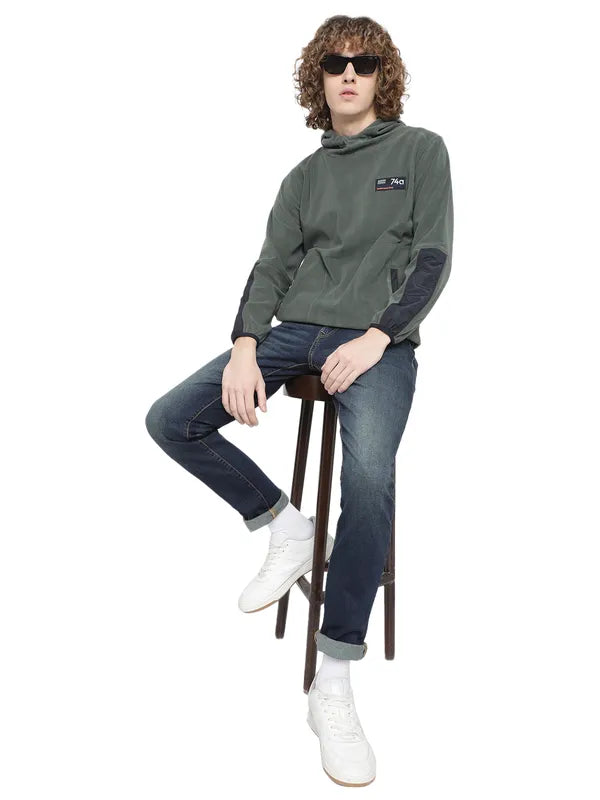 Octave Men Olive Green Hooded Fleece Sweatshirt