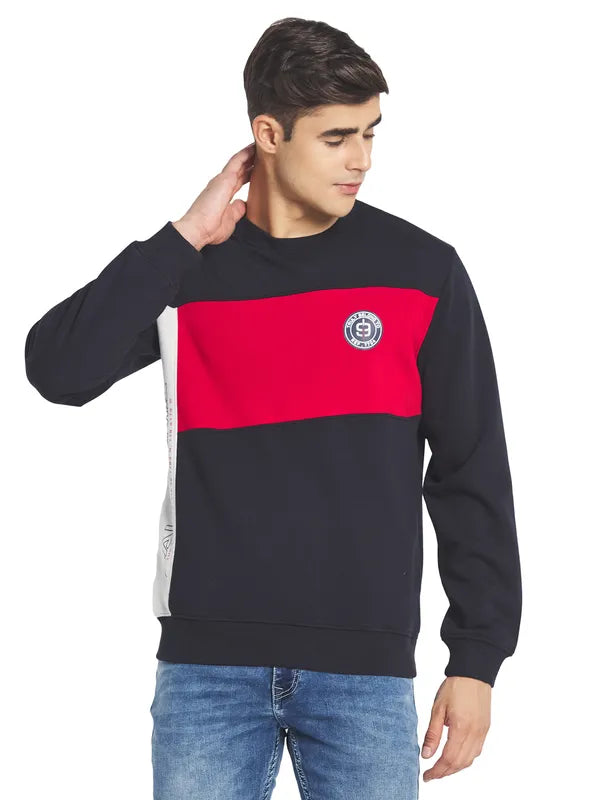 Octave Men Navy Blue Colourblocked Fleece Sweatshirt