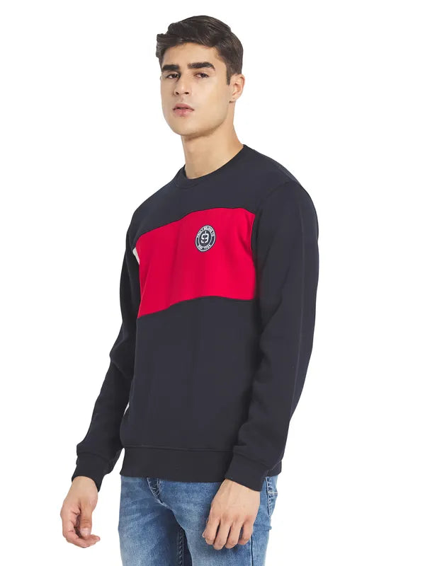 Octave Men Navy Blue Colourblocked Fleece Sweatshirt