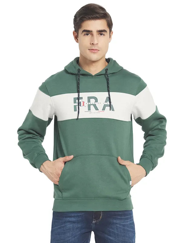 Octave Men Olive Green Colourblocked Fleece Hooded Sweatshirt