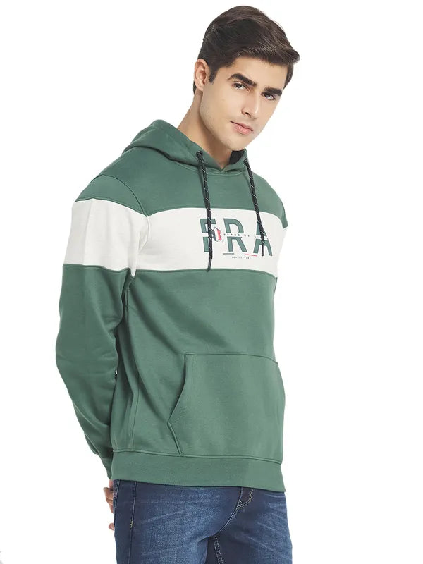 Octave Men Olive Green Colourblocked Fleece Hooded Sweatshirt