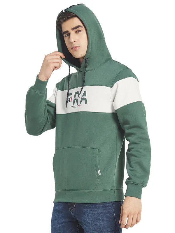 Octave Men Olive Green Colourblocked Fleece Hooded Sweatshirt