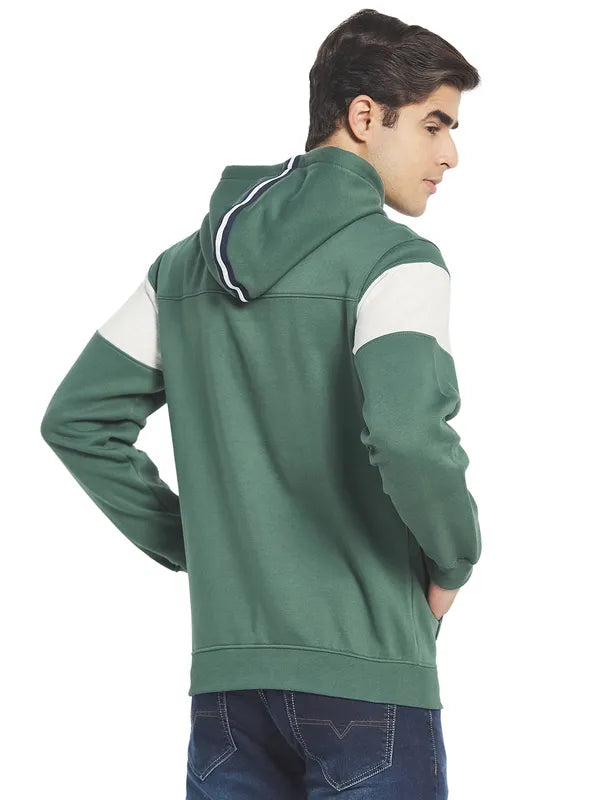 Octave Men Olive Green Colourblocked Fleece Hooded Sweatshirt