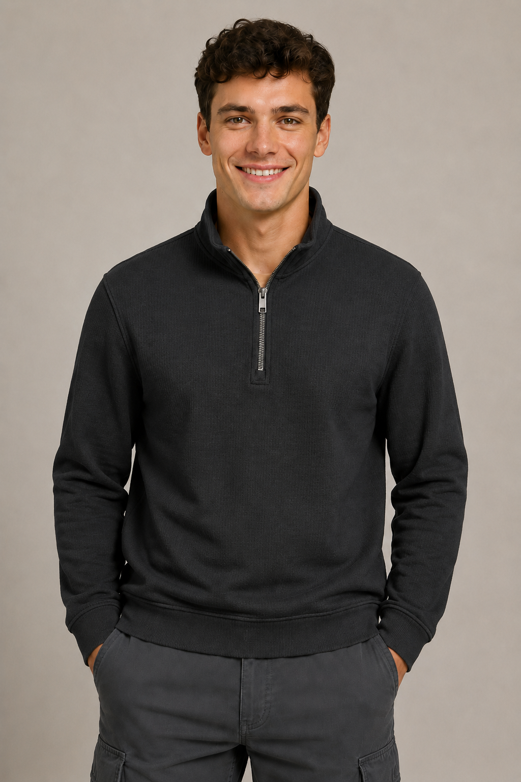 Men’s Black Seersucker Brushed Fleece Half-Zip Winter Sweatshirt