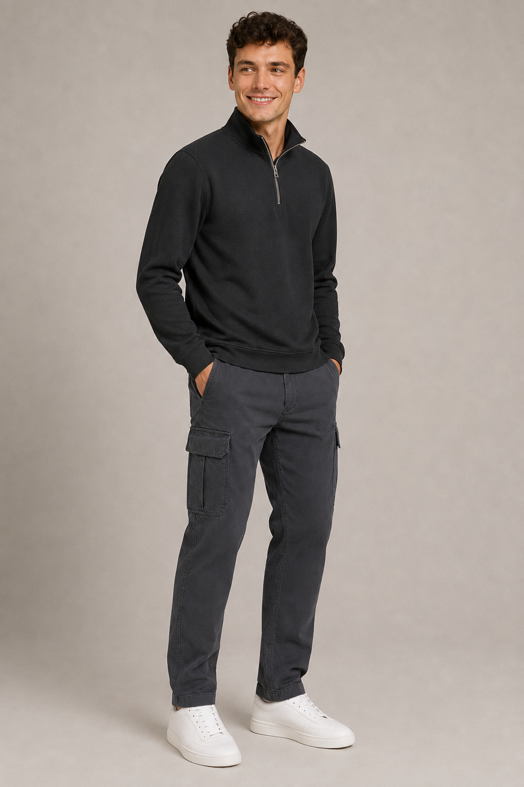 Men’s Black Seersucker Brushed Fleece Half-Zip Winter Sweatshirt