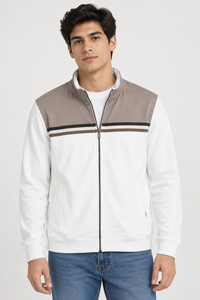 Men’s Regular Fit Cotton Pique Bonded Cut & Sew Full-Zip Sweatshirt – Off White