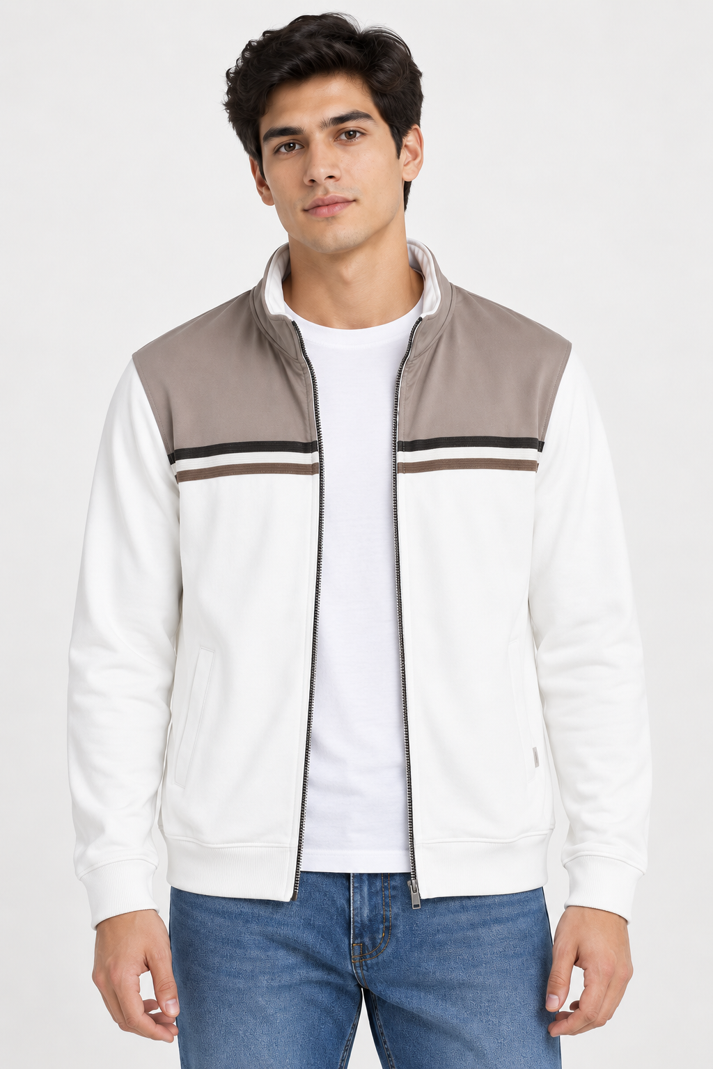 Men’s Regular Fit Cotton Pique Bonded Cut & Sew Full-Zip Sweatshirt – Off White