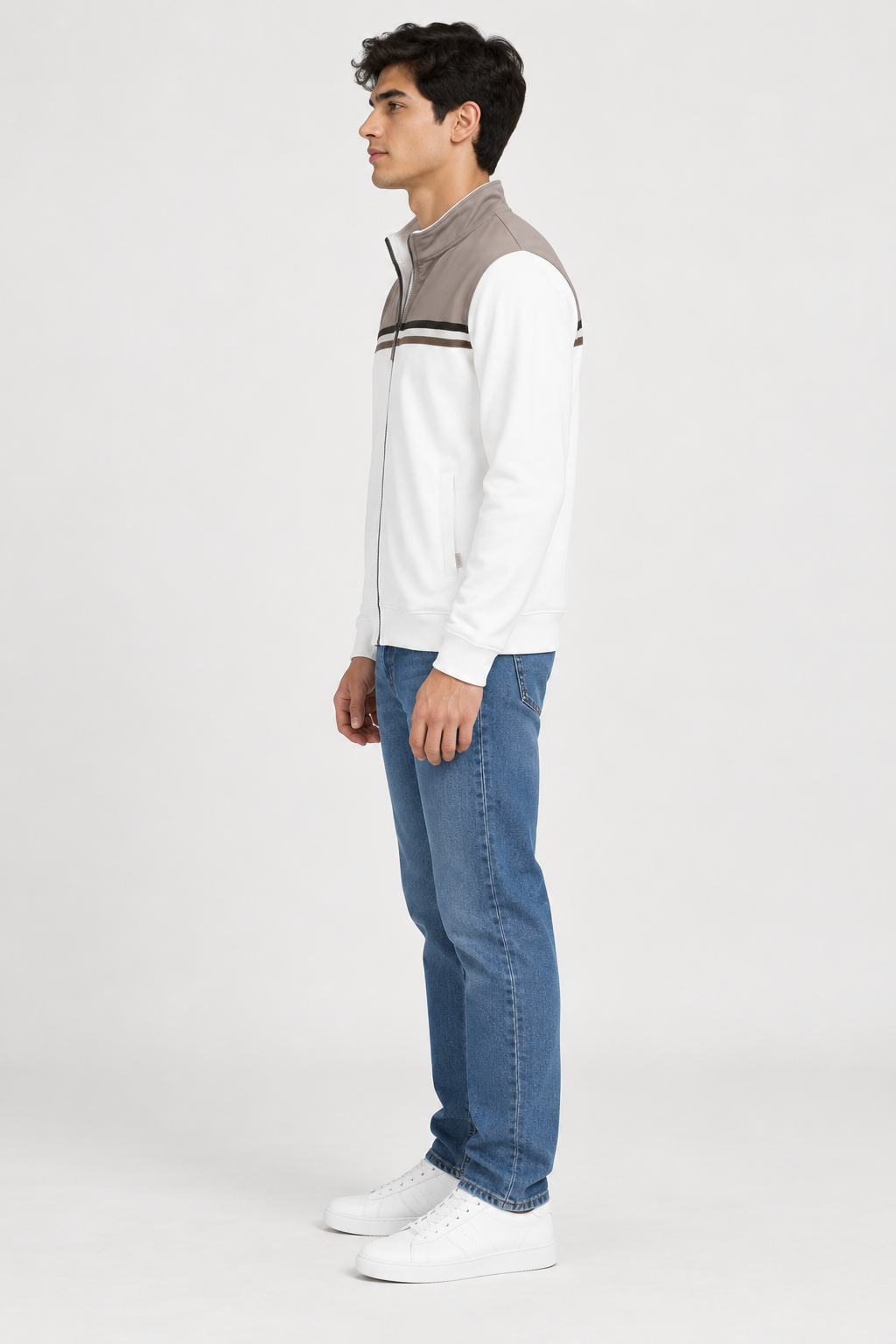 Men’s Regular Fit Cotton Pique Bonded Cut & Sew Full-Zip Sweatshirt – Off White