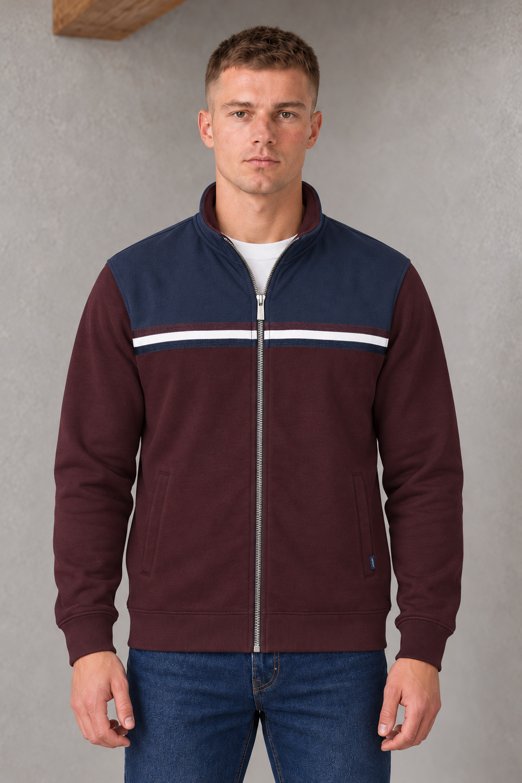 Men's Regular Fit Knitted Pique Bonded Cut & Sew Full Zip Sweatshirt with Stand Collar – Wine