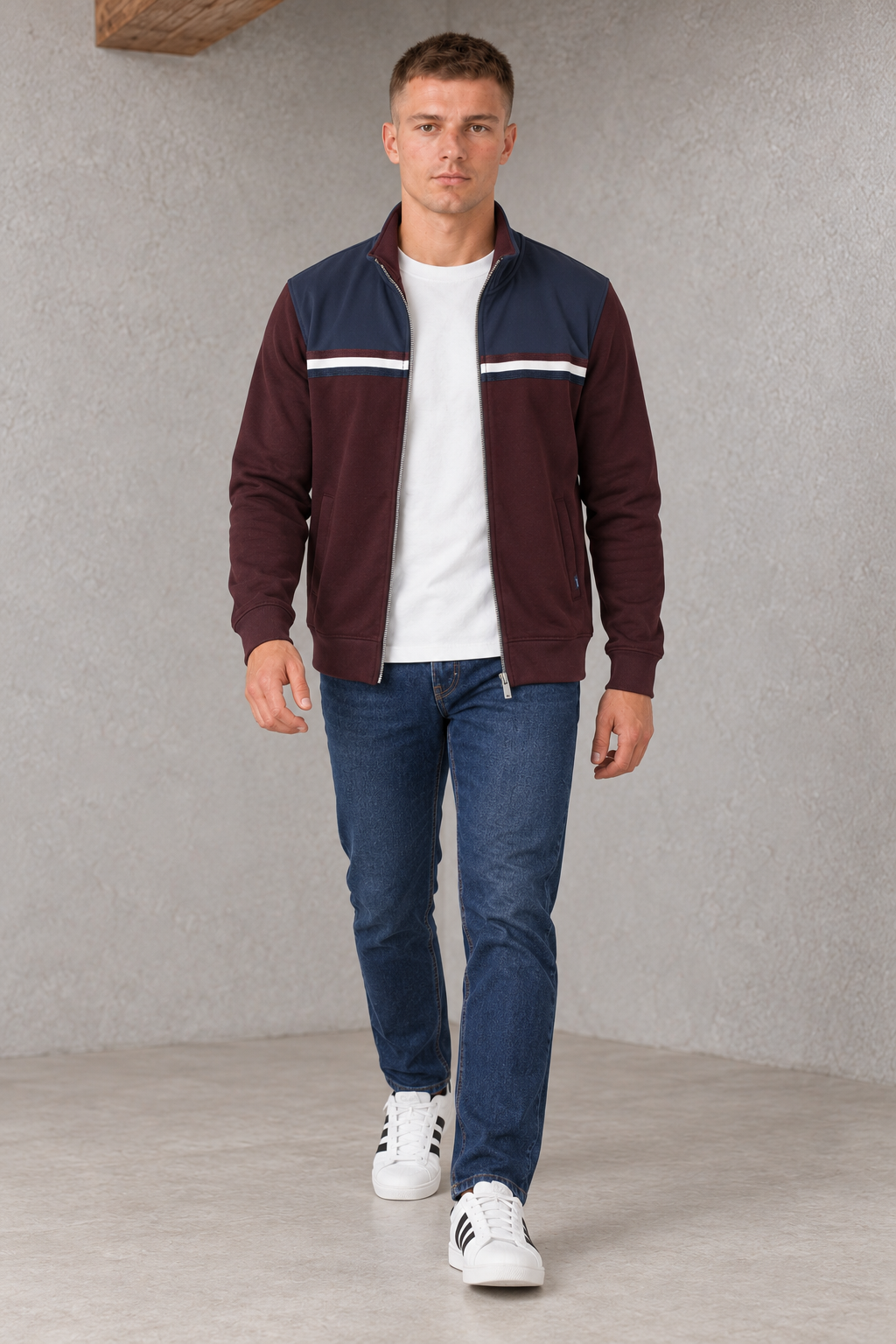 Men's Regular Fit Knitted Pique Bonded Cut & Sew Full Zip Sweatshirt with Stand Collar – Wine
