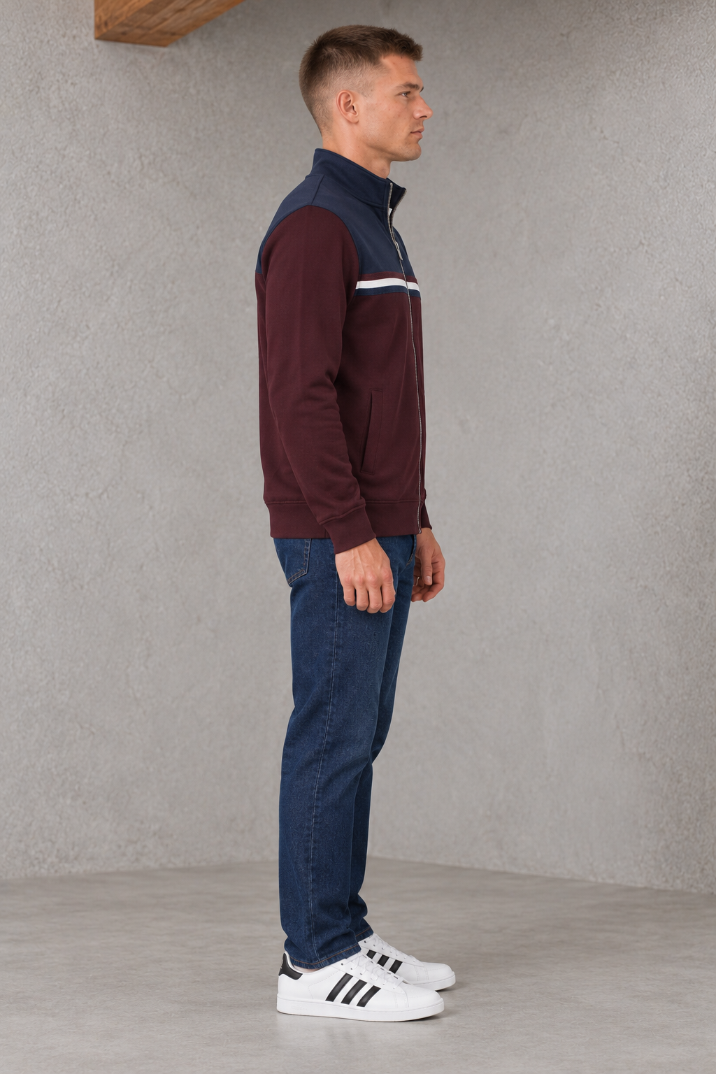 Men's Regular Fit Knitted Pique Bonded Cut & Sew Full Zip Sweatshirt with Stand Collar – Wine