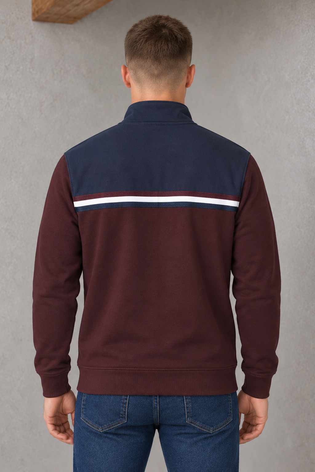 Men's Regular Fit Knitted Pique Bonded Cut & Sew Full Zip Sweatshirt with Stand Collar – Wine