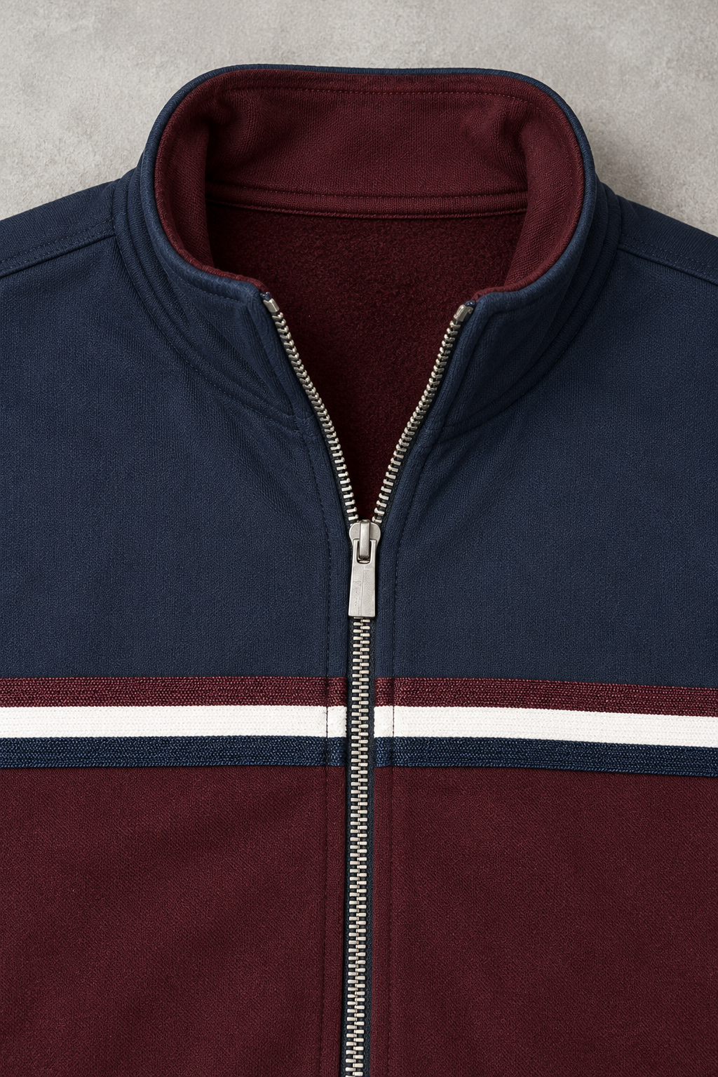 Men's Regular Fit Knitted Pique Bonded Cut & Sew Full Zip Sweatshirt with Stand Collar – Wine