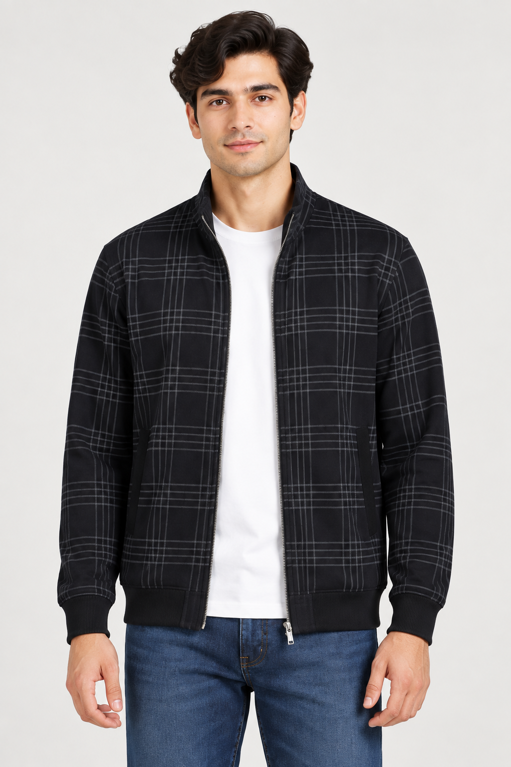 Men’s Regular Fit Cotton Fleece Check Full-Zip Sweatshirt – Dark Navy