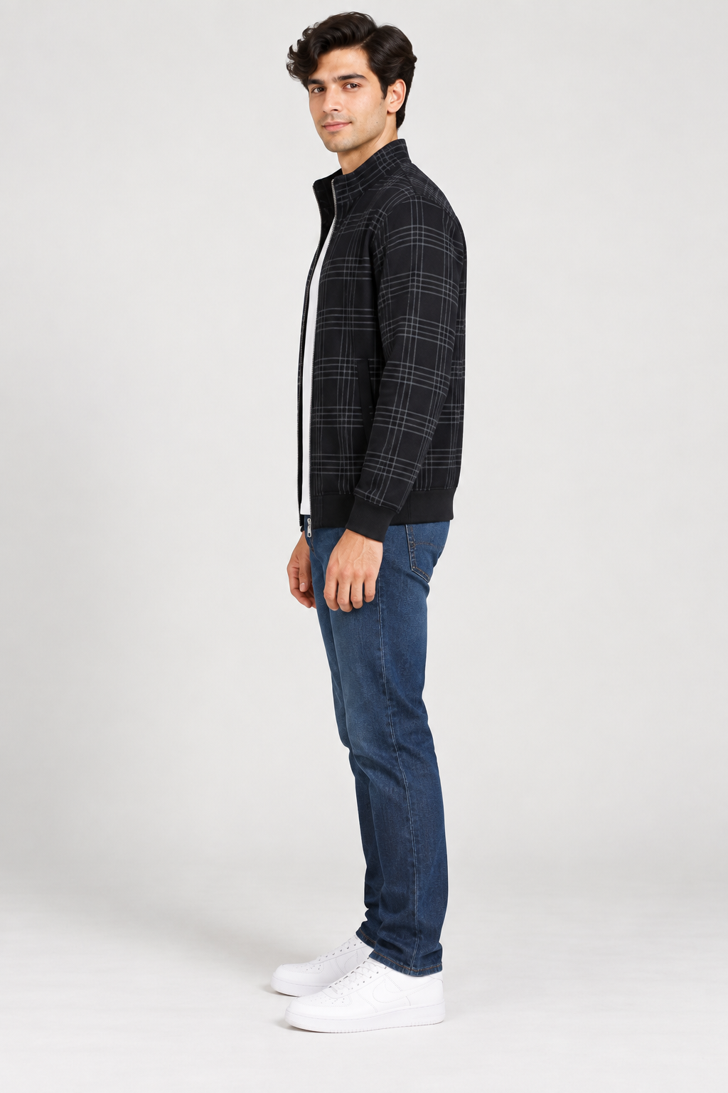 Men’s Regular Fit Cotton Fleece Check Full-Zip Sweatshirt – Dark Navy