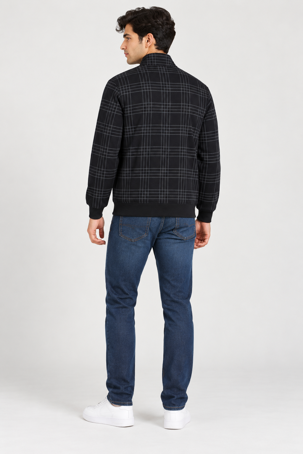 Men’s Regular Fit Cotton Fleece Check Full-Zip Sweatshirt – Dark Navy
