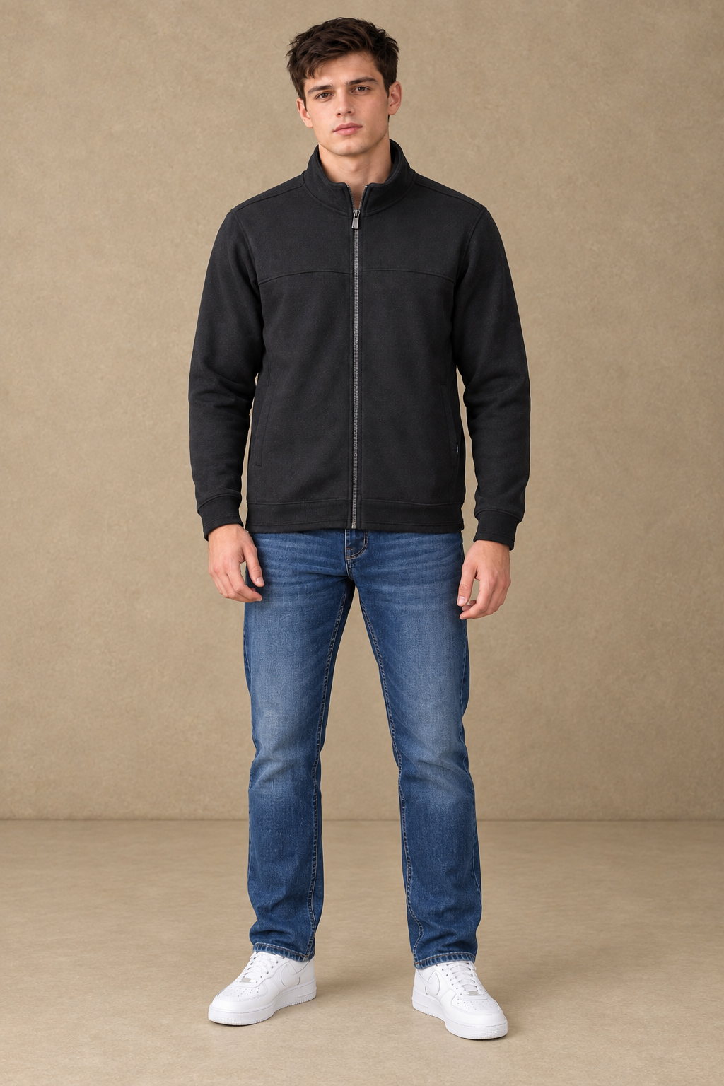 Men’s Black Cotton Blend Full-Zip Sweatshirt – Regular Fit Stand Collar Winter Sweatshirt
