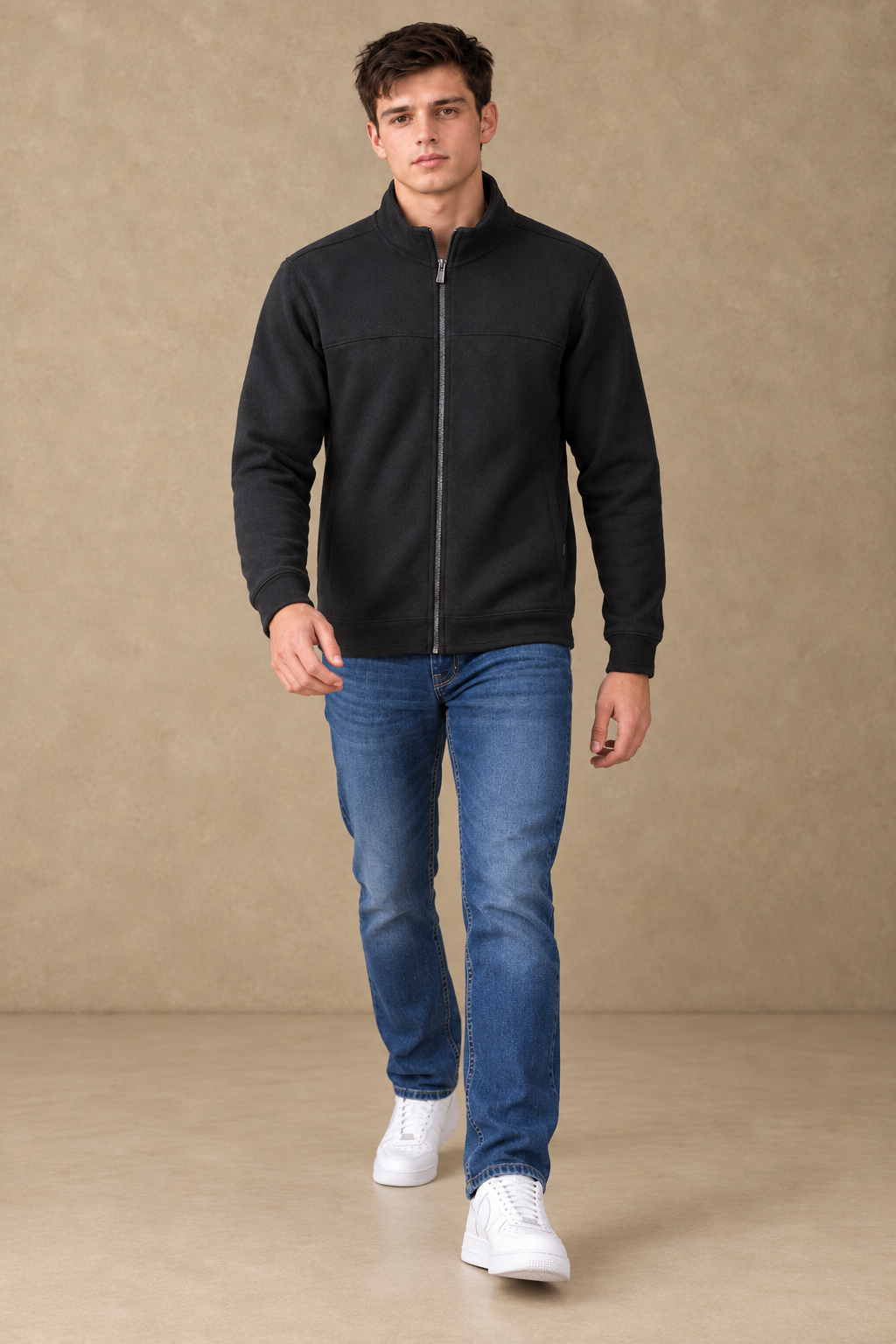 Men’s Black Cotton Blend Full-Zip Sweatshirt – Regular Fit Stand Collar Winter Sweatshirt
