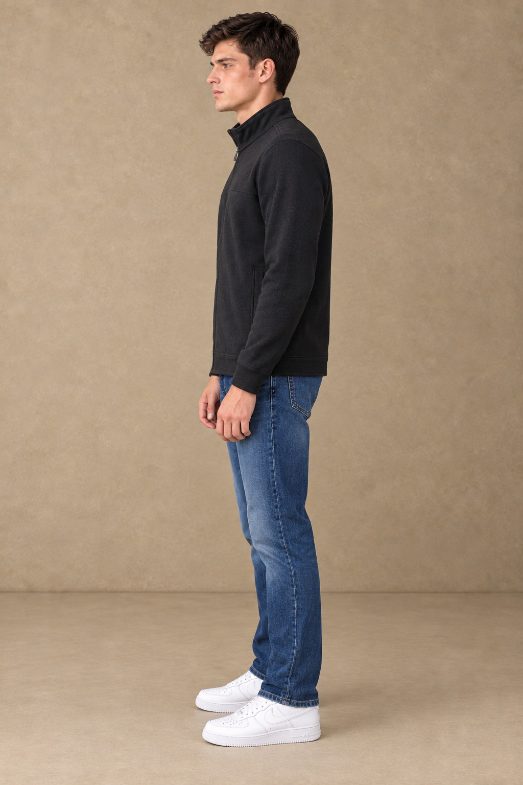 Men’s Black Cotton Blend Full-Zip Sweatshirt – Regular Fit Stand Collar Winter Sweatshirt