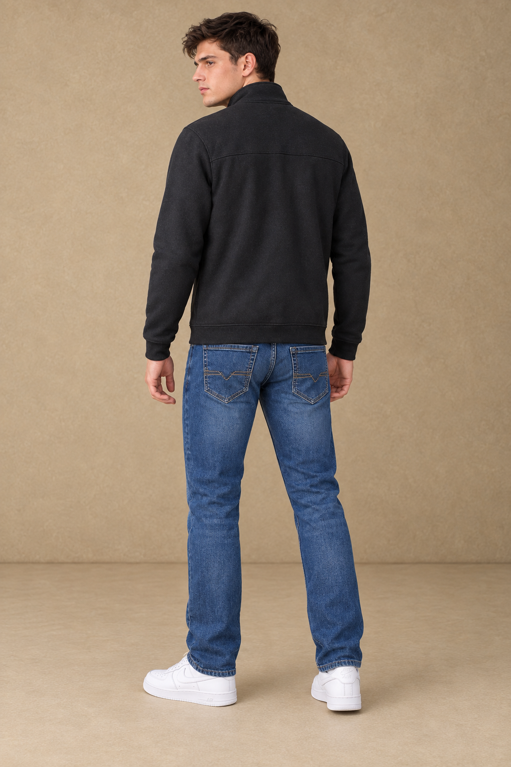 Men’s Black Cotton Blend Full-Zip Sweatshirt – Regular Fit Stand Collar Winter Sweatshirt