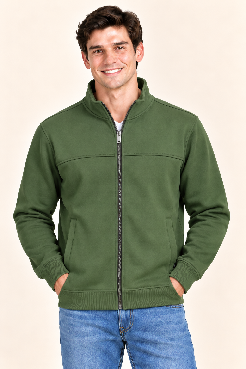 Men’s Fern Cotton Blend Full-Zip Sweatshirt – Regular Fit Stand Collar Winter Sweatshirt