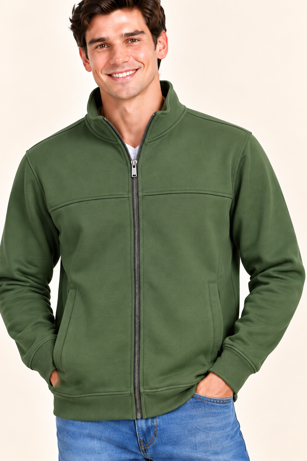 Men’s Fern Cotton Blend Full-Zip Sweatshirt – Regular Fit Stand Collar Winter Sweatshirt