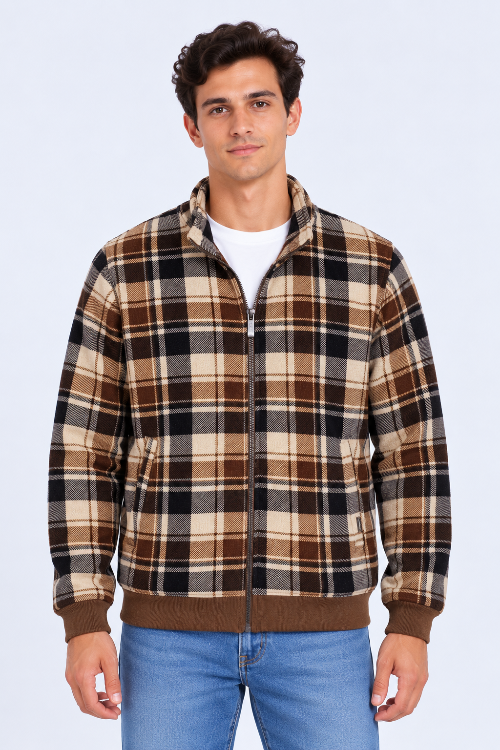 Men’s Regular Fit Ultra Warm Check Full-Zip Sweatshirt – Tan Check