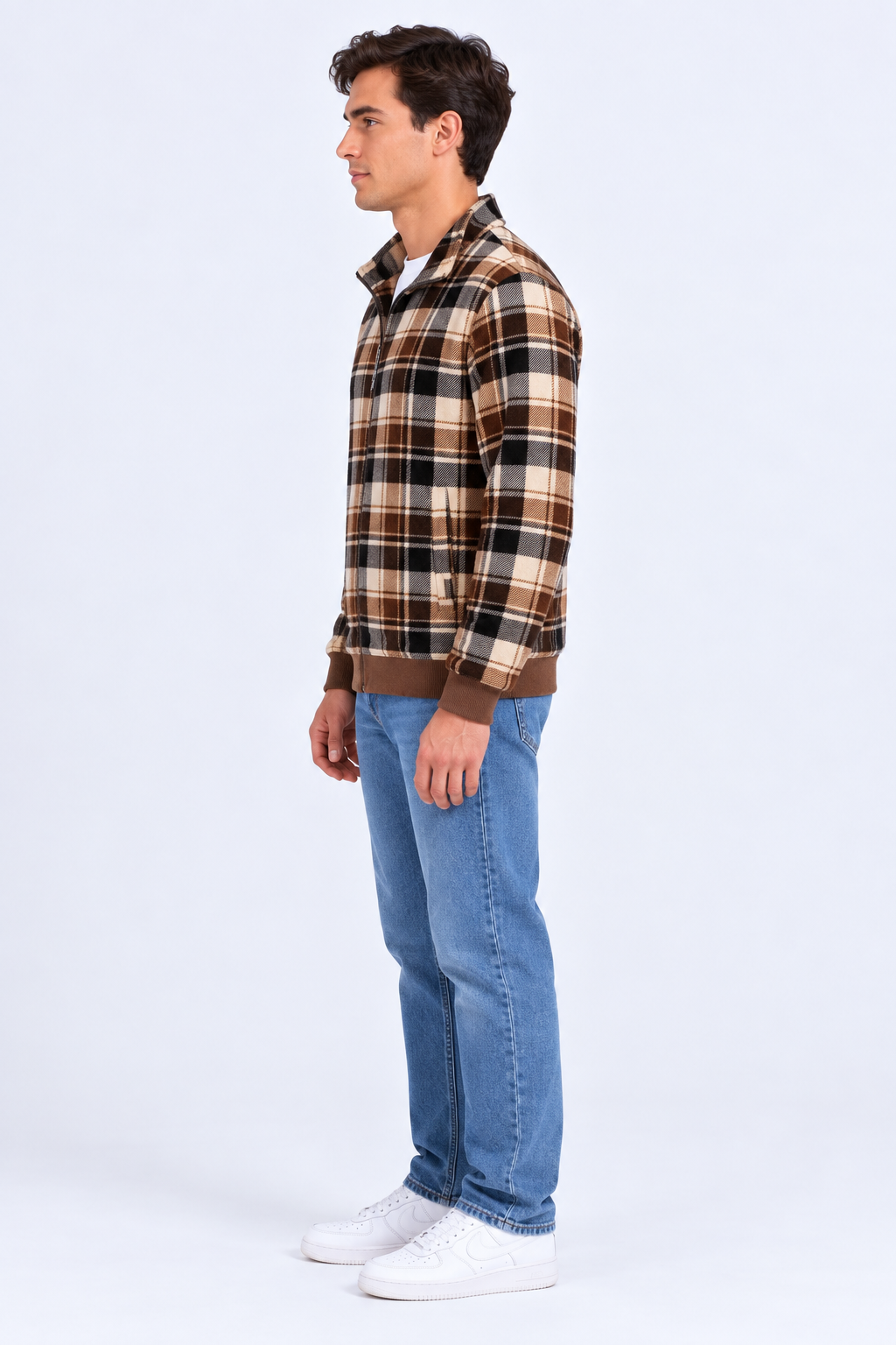 Men’s Regular Fit Ultra Warm Check Full-Zip Sweatshirt – Tan Check