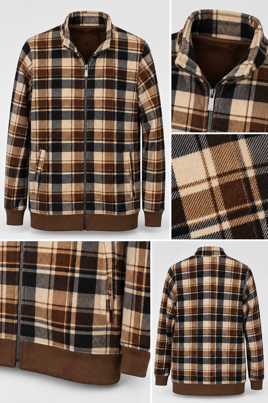 Men’s Regular Fit Ultra Warm Check Full-Zip Sweatshirt – Tan Check
