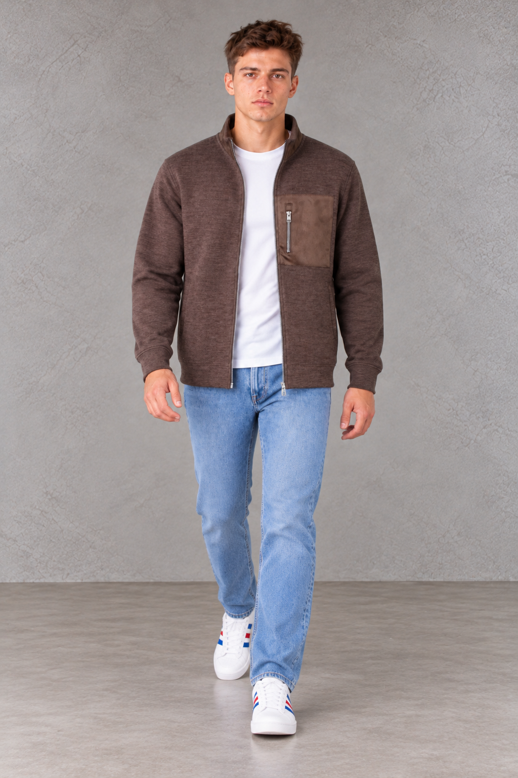 Men's Coffee Melange Knitted Zip-Up Sweatshirt | Winter Pullover with Utility Pocket