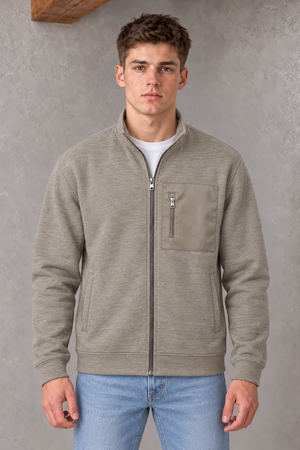 Men's Stone Melange Knitted Zip-Up Sweatshirt | Winter Pullover with Utility Pocket