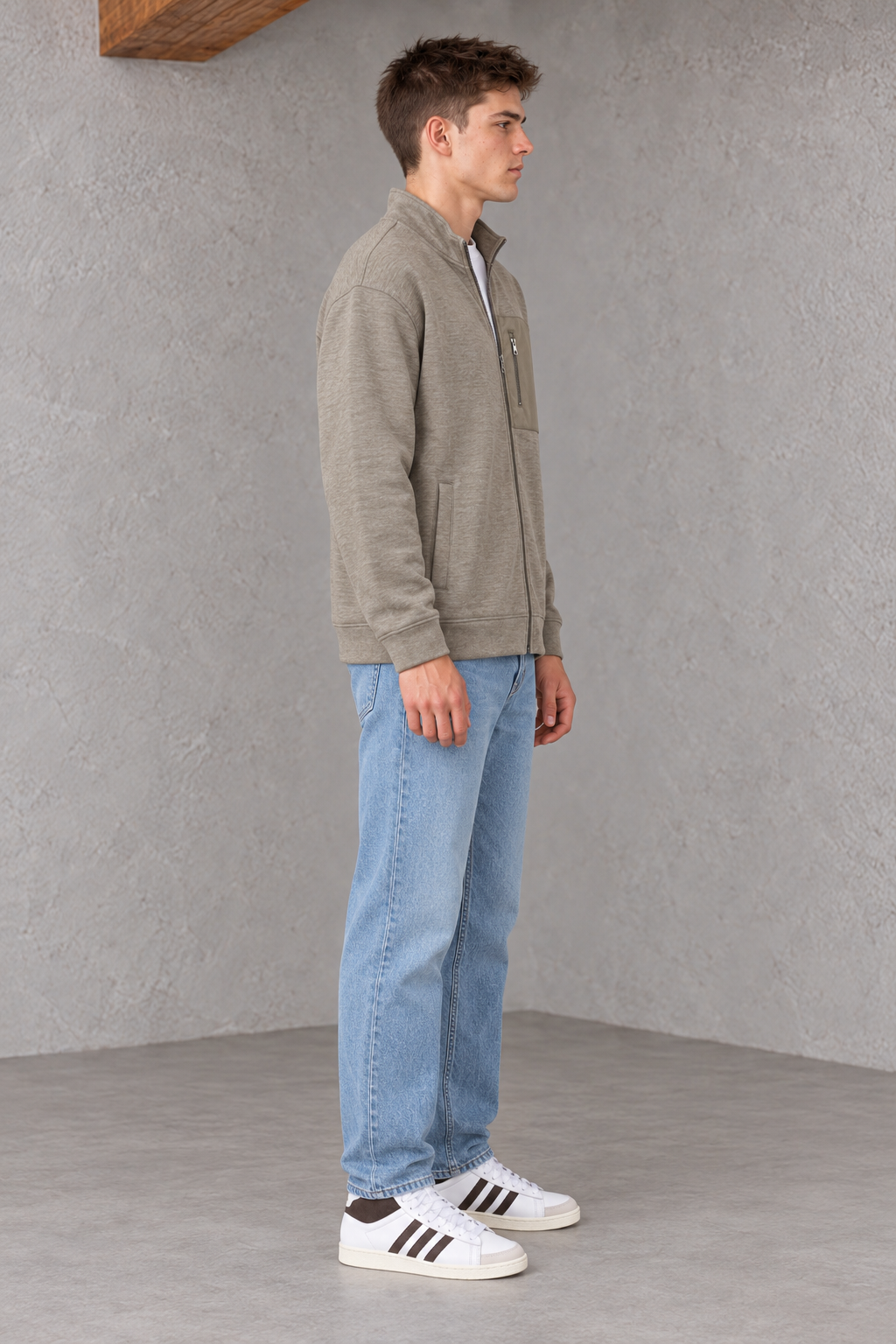 Men's Stone Melange Knitted Zip-Up Sweatshirt | Winter Pullover with Utility Pocket
