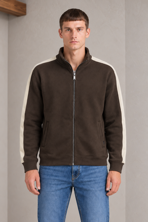 Men’s Espresso German Velvet Full-Zip Sweatshirt – Regular Fit Stand Collar Winter Sweatshirt