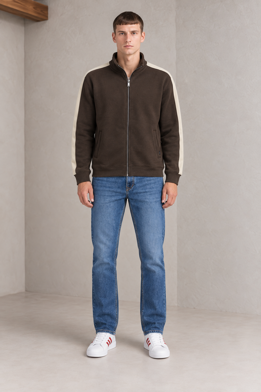 Men’s Espresso German Velvet Full-Zip Sweatshirt – Regular Fit Stand Collar Winter Sweatshirt