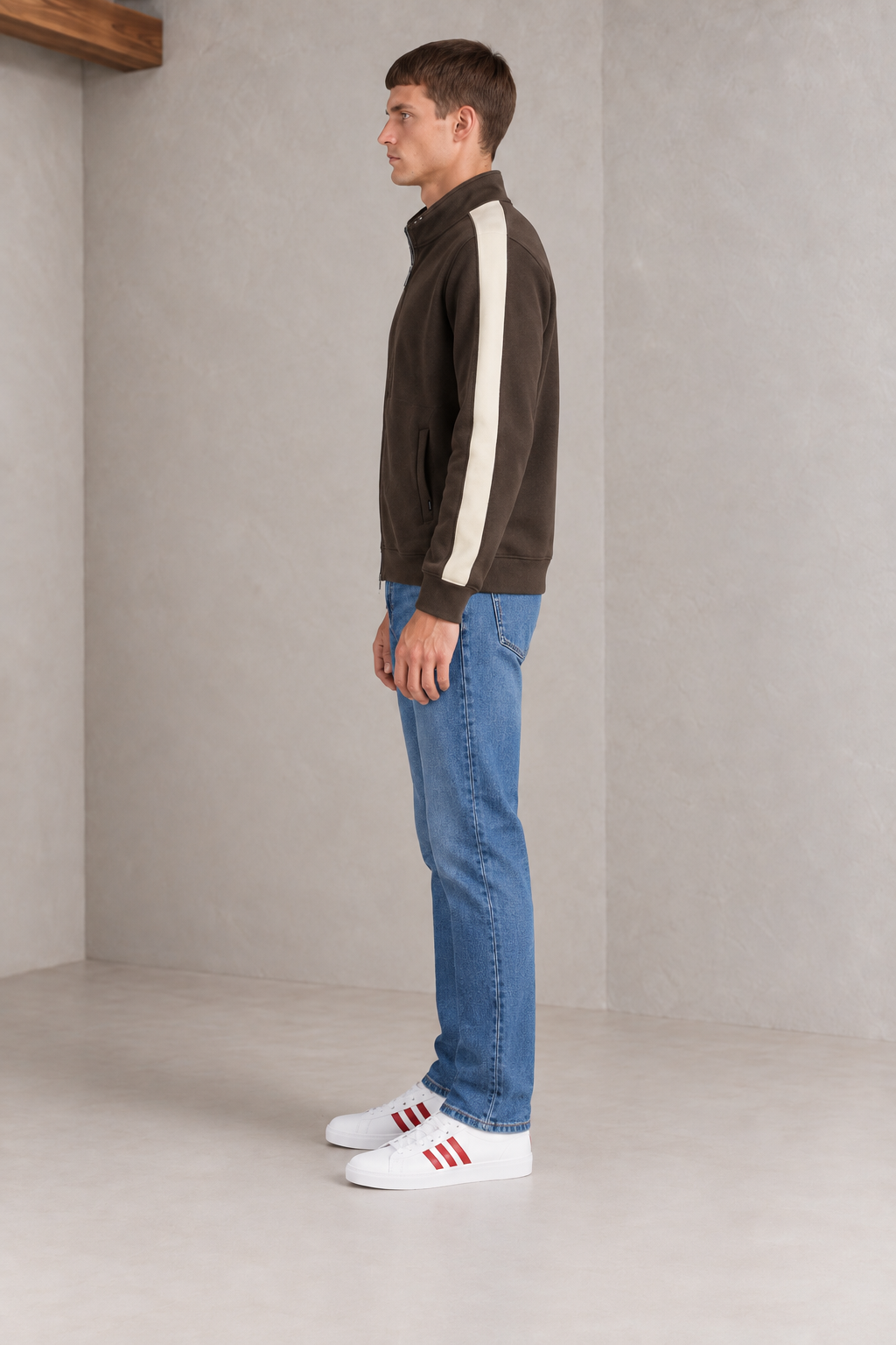 Men’s Espresso German Velvet Full-Zip Sweatshirt – Regular Fit Stand Collar Winter Sweatshirt