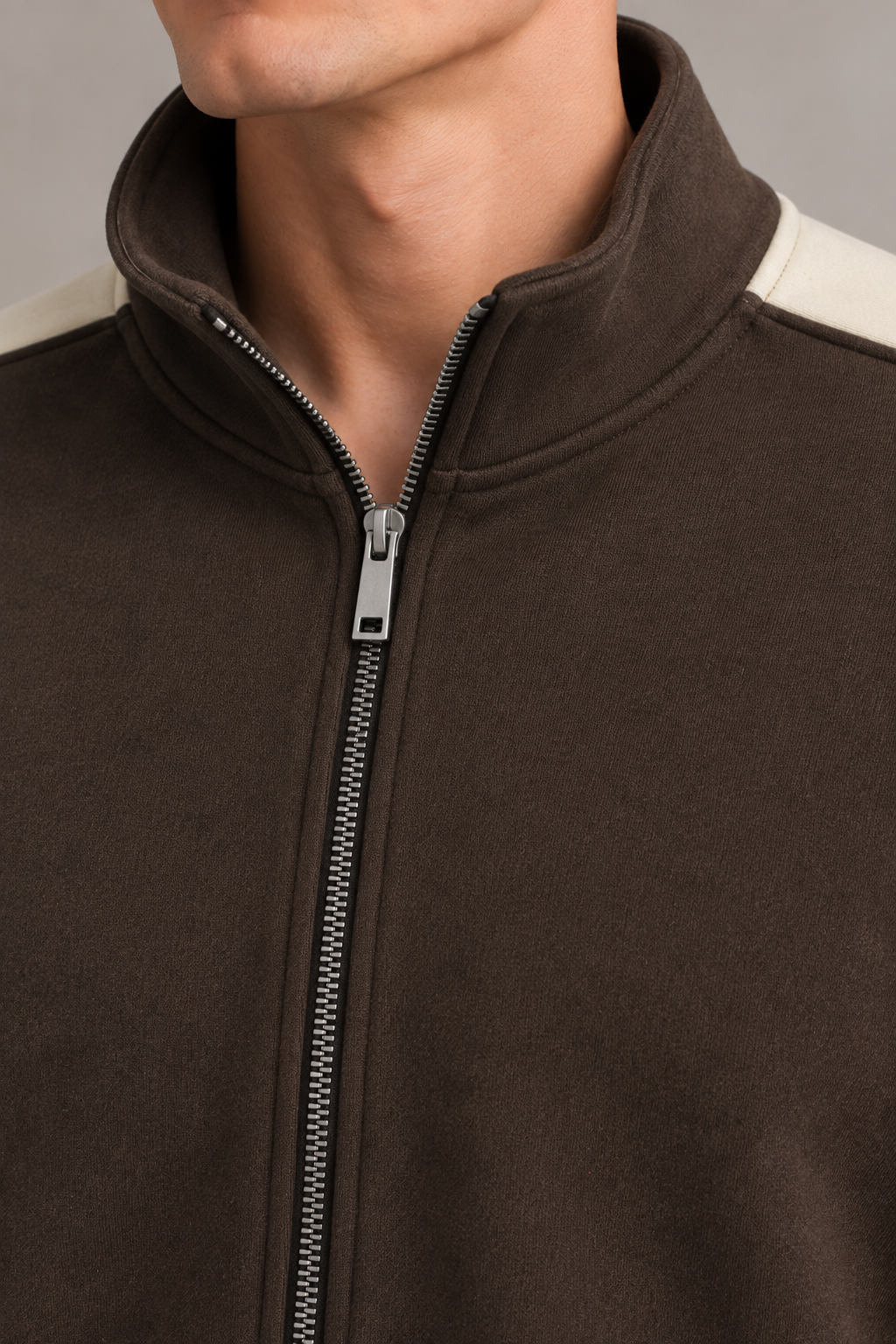 Men’s Espresso German Velvet Full-Zip Sweatshirt – Regular Fit Stand Collar Winter Sweatshirt