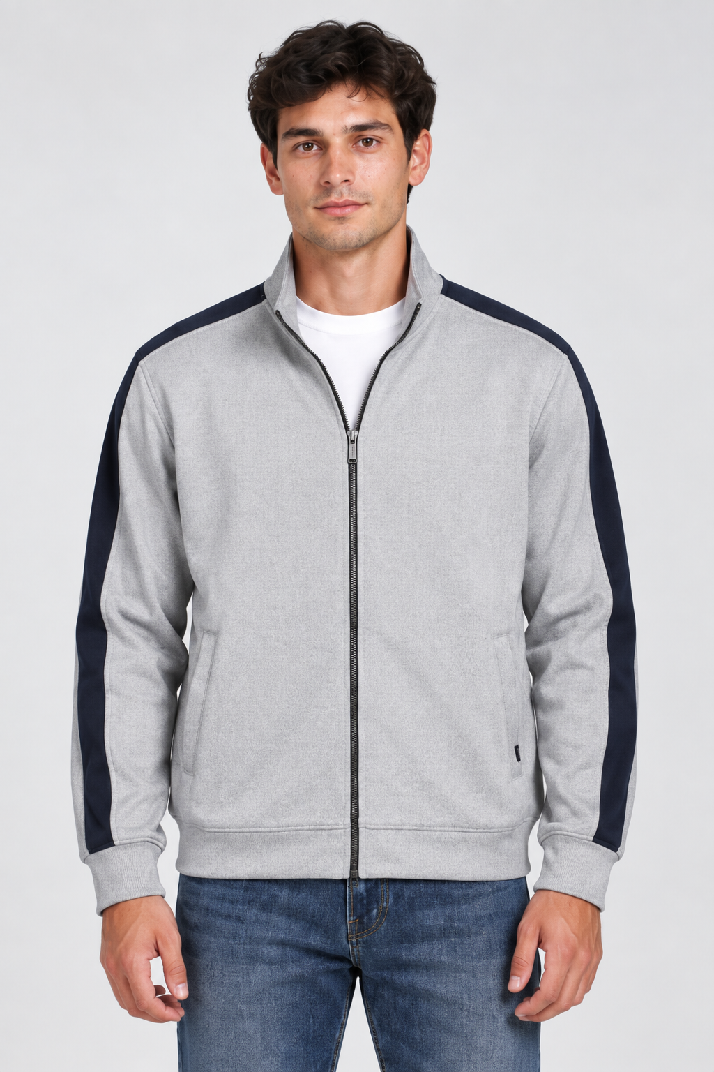 Men’s Regular Fit German Velvet Full-Zip Sweatshirt – Grey Melange