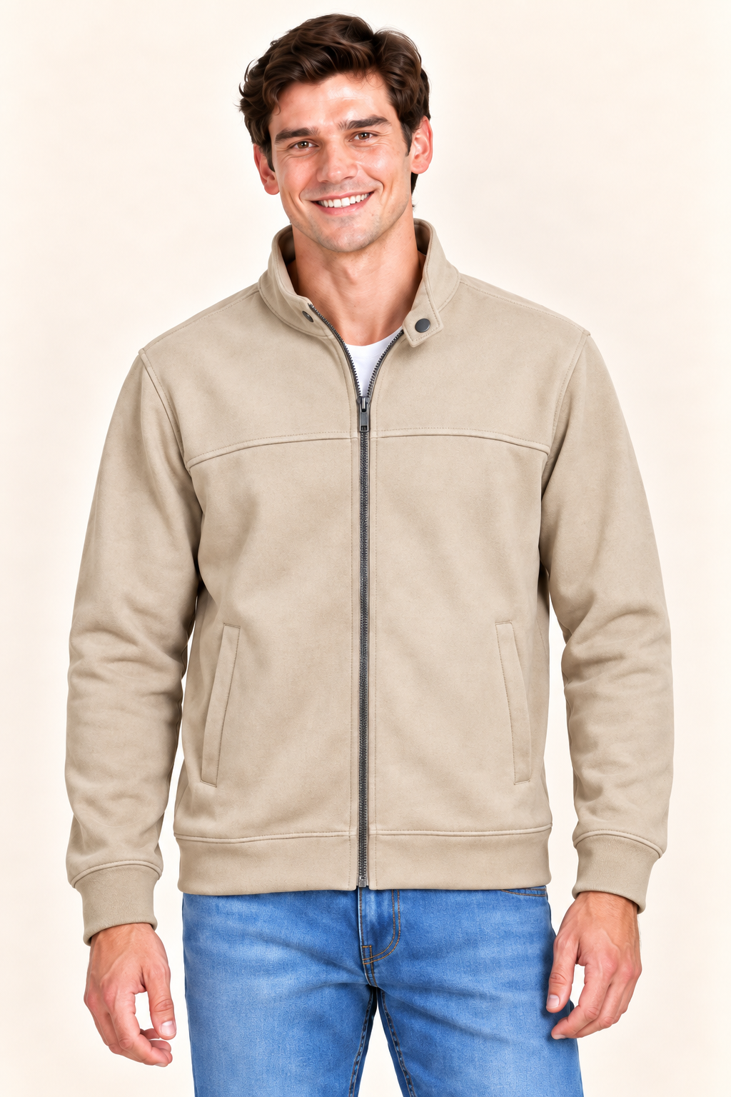 Men’s Onyx Knitted Suede Full-Zip Sweatshirt – Regular Fit Stand Collar Winter Sweatshirt