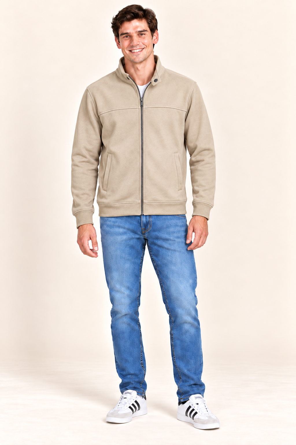 Men’s Onyx Knitted Suede Full-Zip Sweatshirt – Regular Fit Stand Collar Winter Sweatshirt