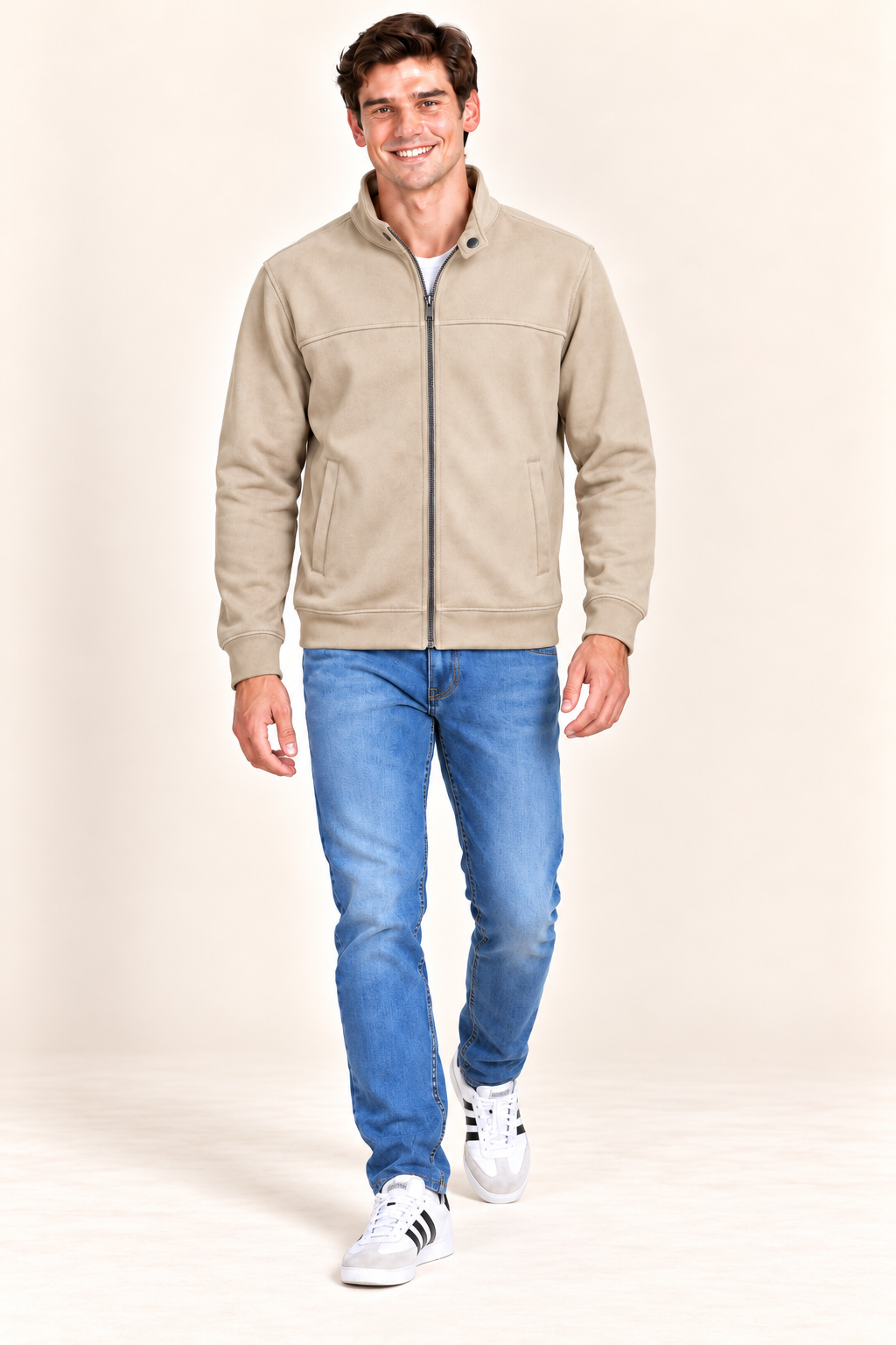 Men’s Onyx Knitted Suede Full-Zip Sweatshirt – Regular Fit Stand Collar Winter Sweatshirt