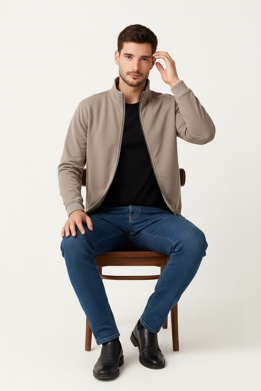 Octave Men Solid Front-Open Mock Collar Long Sleeves Sweatshirt