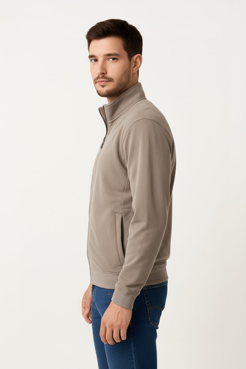 Octave Men Solid Front-Open Mock Collar Long Sleeves Sweatshirt
