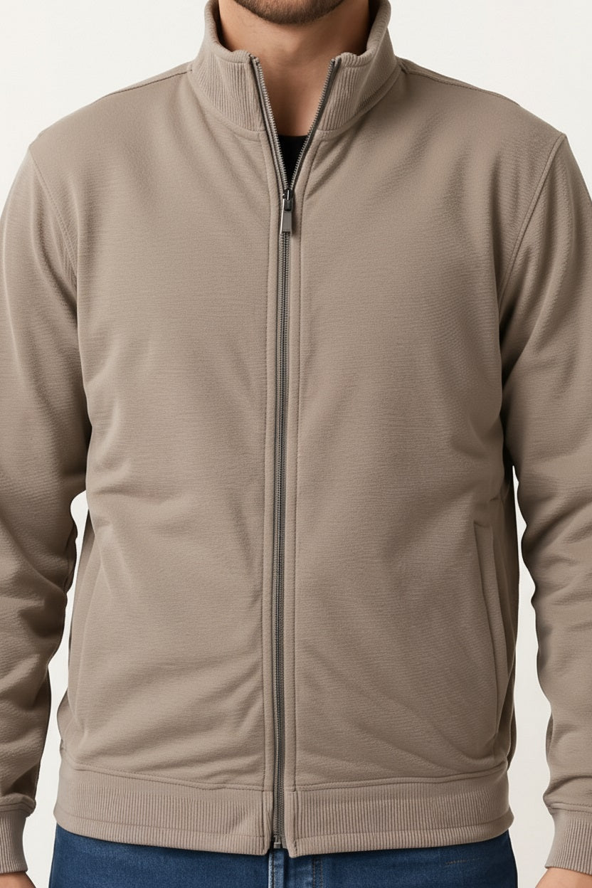 Octave Men Solid Front-Open Mock Collar Long Sleeves Sweatshirt