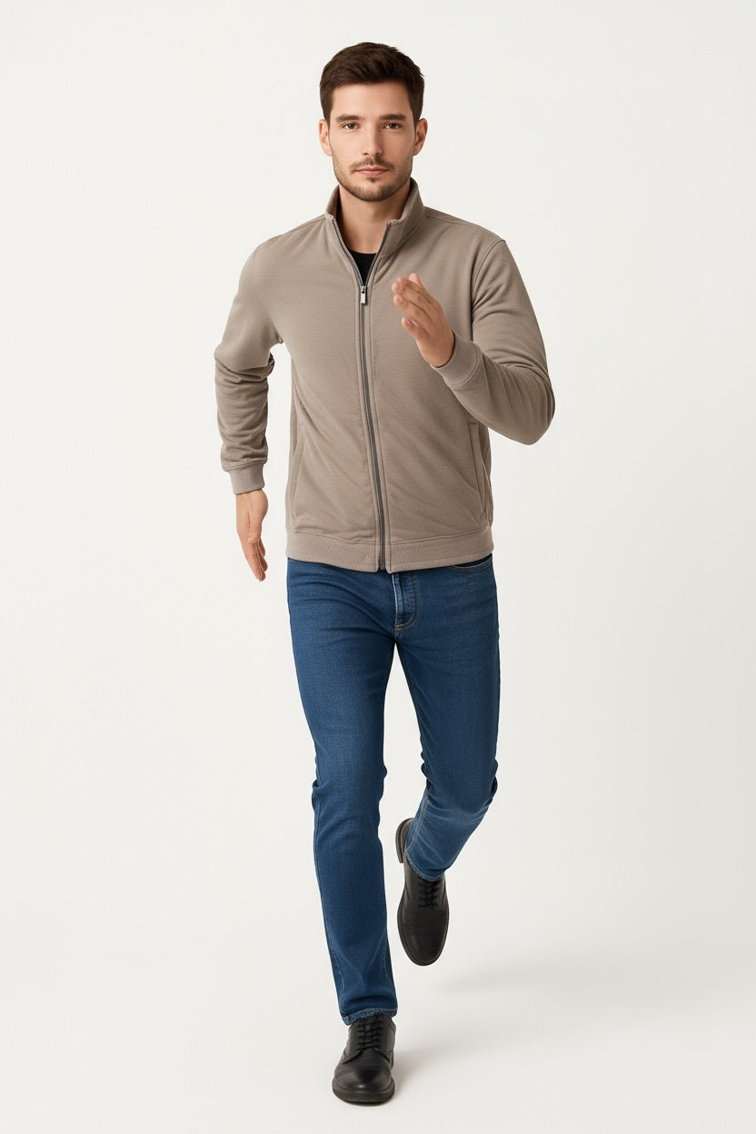 Octave Men Solid Front-Open Mock Collar Long Sleeves Sweatshirt