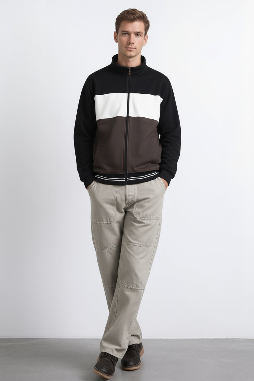 Octave Men Coffee Colourblocked Mandarin Neck Sweatshirt