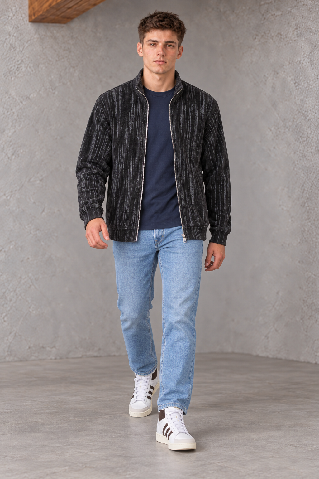 Men's Black Polar Texture Zip-Up Sweatshirt | Ultra Warm Knitted Winter Pullover